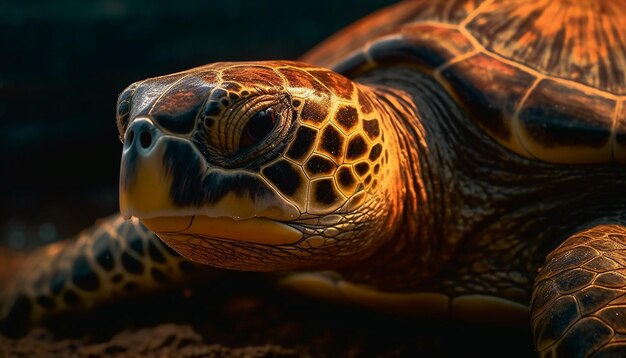 Langsame Schildkröte kriecht auf geflecktem Schildkrötenpanzer, der von KI generiert wird