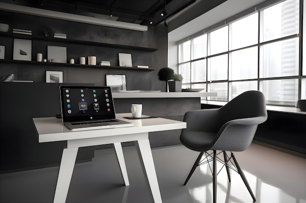 Laptop auf dem Tisch im modernen Bürointerieur 3D-Rendering