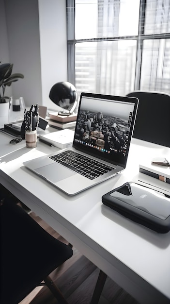 Laptop auf einem Schreibtisch in einem modernen Büro mit einem großen Fenster