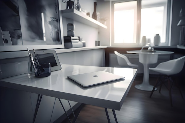 Kostenloses Foto laptop auf einem tisch in einer modernen küche 3d-rendering