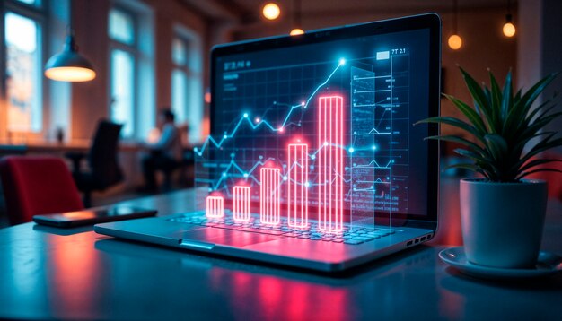 Laptop mit Grafik, die den Geschäftsfortschritt anzeigt