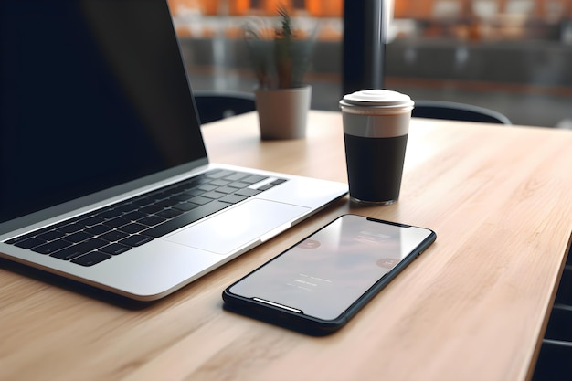 Laptop-Smartphone und Kaffeetasse auf einem Holztisch in einem Café