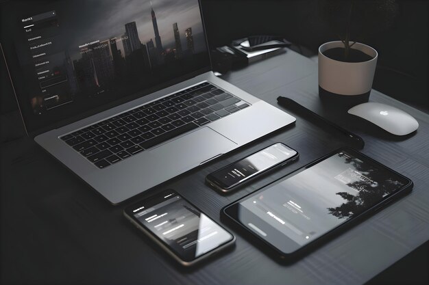 Laptop, Smartphone und Tablet-PC auf dem Tisch 3D-Rendering