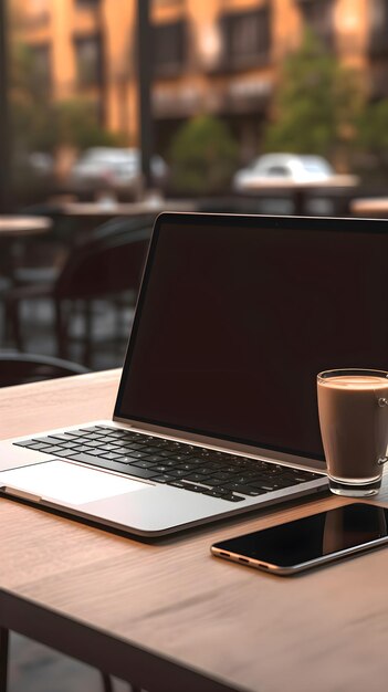 Laptop und Kaffeetasse auf einem Holztisch im Café-Closeup
