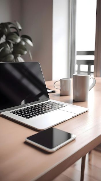 Laptop und Kaffeetasse auf einem Holztisch in der Nähe des Büros