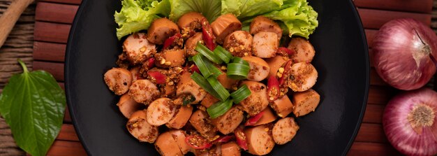 Larb Wurst mit Chili Frühlingszwiebeln und Salat in einem schwarzen Teller