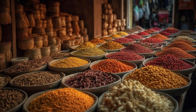 Lebendige Farben von Gewürzen in einer Reihe auf dem Straßenmarkt, generiert durch KI