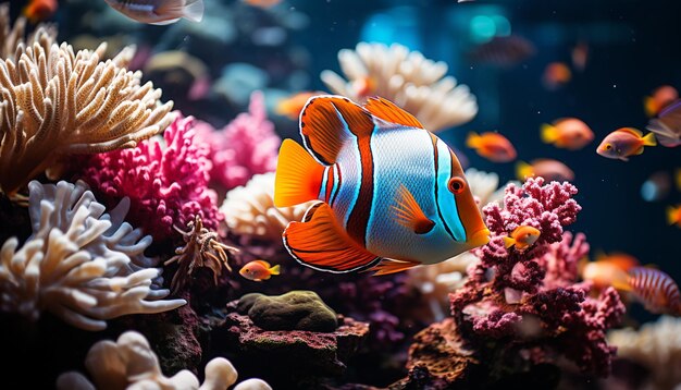 Kostenloses Foto lebendige gestreifte clownfische schwimmen in einem wunderschönen unterwasserriff, das durch künstliche intelligenz erzeugt wurde