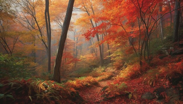 Lebendige Herbstfarben malen eine ruhige, von KI generierte Waldlandschaft