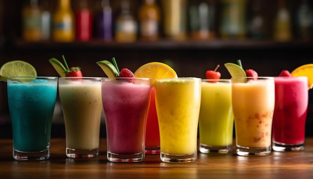 Lebendige Sammlung fruchtiger Cocktails auf einem Holztisch, generiert von KI