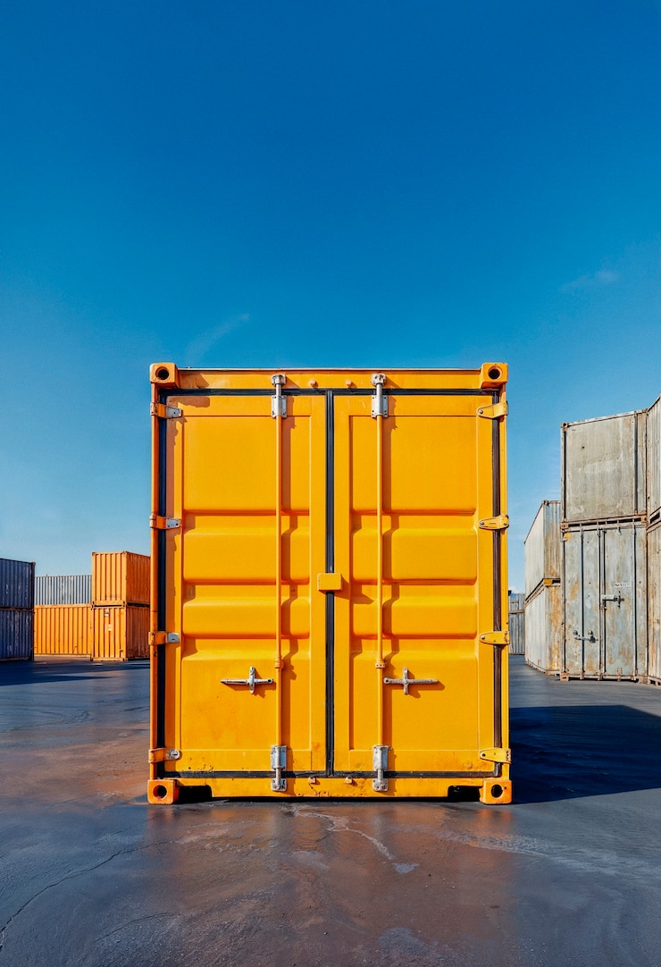 Kostenlose Foto lebendiger gelber schiffscontainer gegen einen blauen himmel