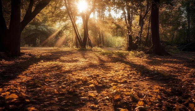 Kostenloses Foto lebendiger herbstwald mit hintergrundbeleuchtung durch goldenes, von ki erzeugtes sonnenlicht