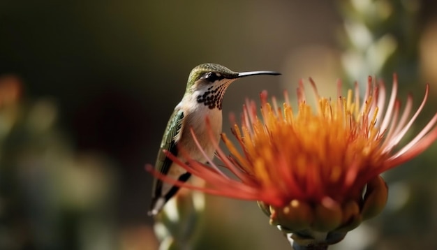 Kostenloses Foto lebendiger kolibri sitzt auf einem grünen zweig und bestäubt eine einzelne, von ki erzeugte blüte