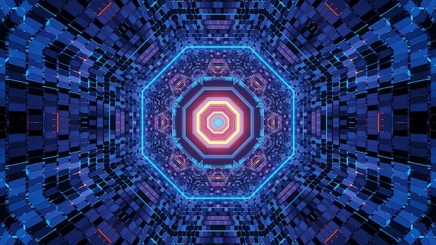 Lebendiges abstraktes psychedelisches Achteckkorridormuster für Hintergrund mit blauen und lila Farben