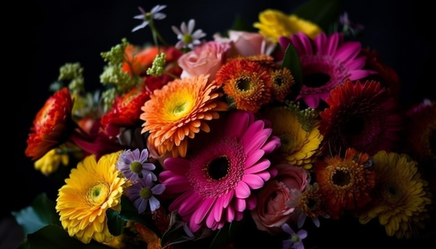 Lebendiges, mehrfarbiges Bouquet aus Gerbera-Gänseblümchen, generiert von AI