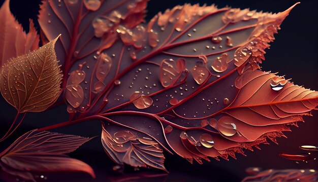 Lebendiges, mehrfarbiges Herbstblatt mit transparenten Tautropfen, die von KI erzeugt werden