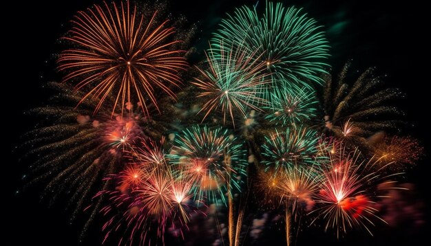 Lebhafte Farben beleuchten explodierendes Feuerwerk bei Nacht mit generativer KI