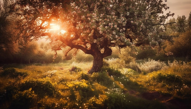 Kostenloses Foto lebhafte herbstwiese mit sonnenbeschienenem ast, generiert von ki