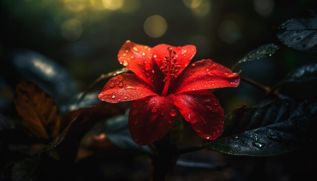 Lebhafte Hibiskusblüten, die von KI-generiertem Regentropfentau benetzt werden