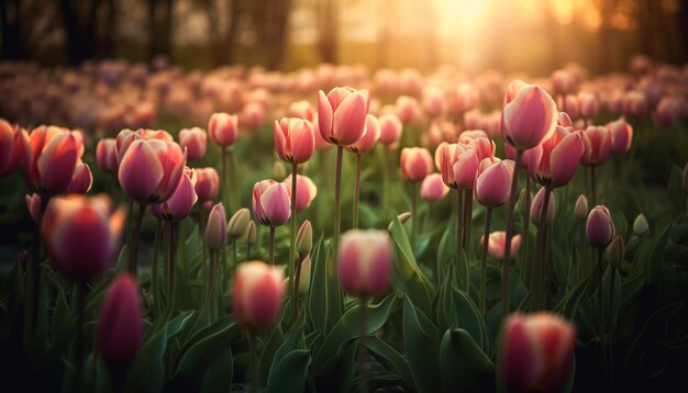 Lebhafte Tulpen auf der Wiese zeigen die von KI erzeugte Frühlingsschönheit