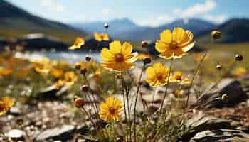 Kostenloses Foto lebhafte wildblumenblüten auf einer ruhigen wiese, geküsst von sonnenlicht, das durch künstliche intelligenz erzeugt wird