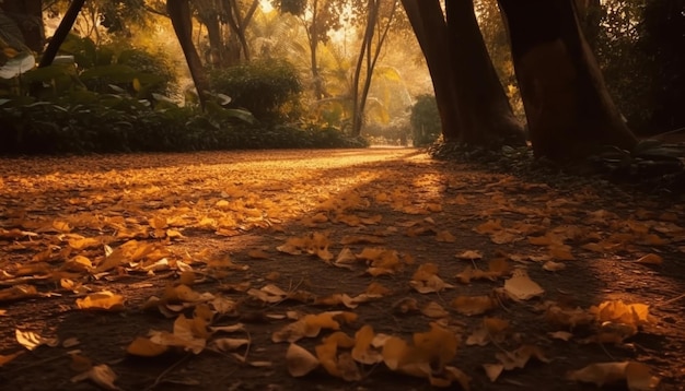 Lebhaftes Herbstlaub malt eine ruhige Waldlandschaft, die von KI generiert wird
