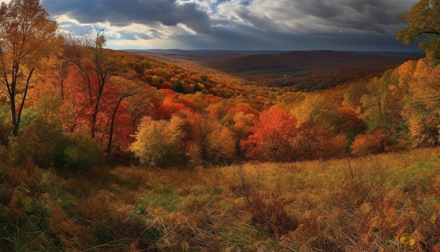 Kostenloses Foto lebhaftes herbstwaldgelb hinterlässt eine ruhige wiese, generiert von ki