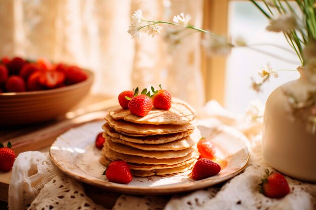 Leckere fotorealistische Pfannkuchen mit Erdbeeren