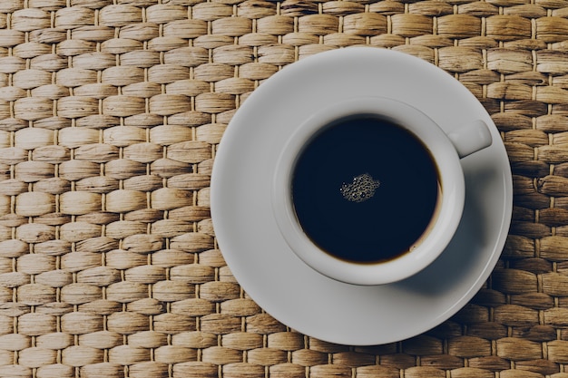 Leckere klassische Kaffee Espresso in kleinen weißen Keramik Tasse auf Holz gewebt Tisch Hintergrund. Toning