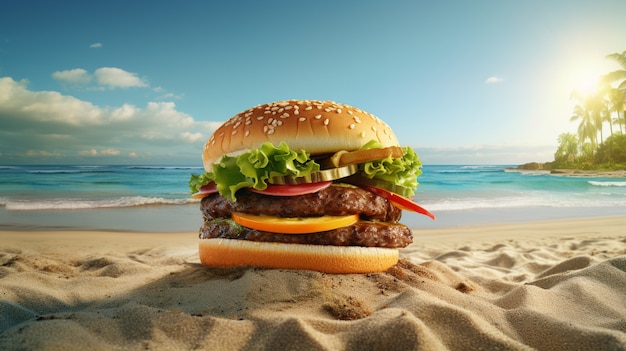 Kostenloses Foto leckerer burger am strand