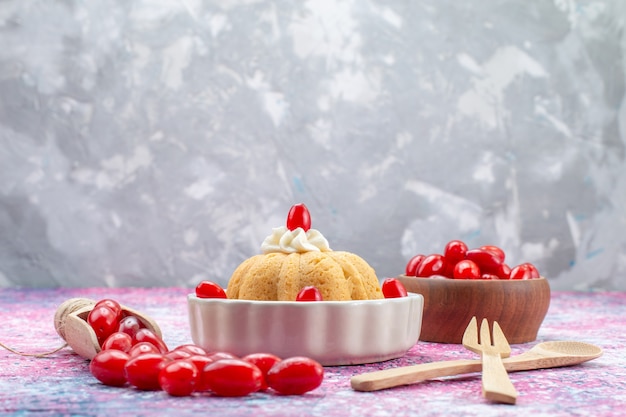 leckerer einfacher Kuchen mit Sahne und frischen Erdnüssen zusammen mit frischen roten Hartriegeln auf hellem hellem Schreibtisch, Kuchenkeks süße Nuss