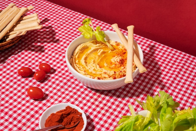 Kostenloses Foto leckerer hummus und tomaten hoher winkel