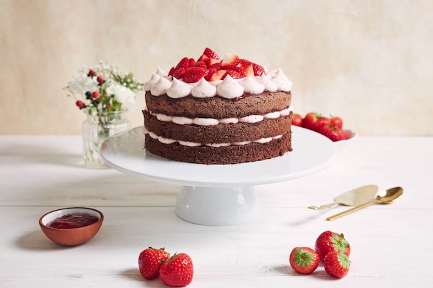 Leckerer und süßer Kuchen mit Erdbeeren und Baiser auf einem Teller