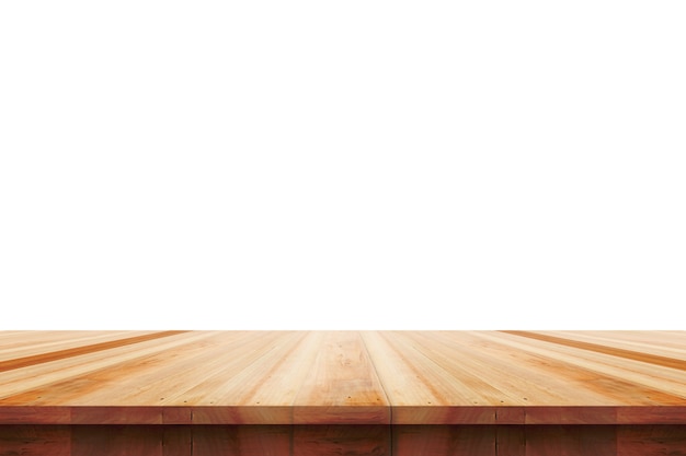Leere Holztischplatte isoliert auf weißem Hintergrund, zur Anzeige oder Montage Ihrer Produkte verwendet