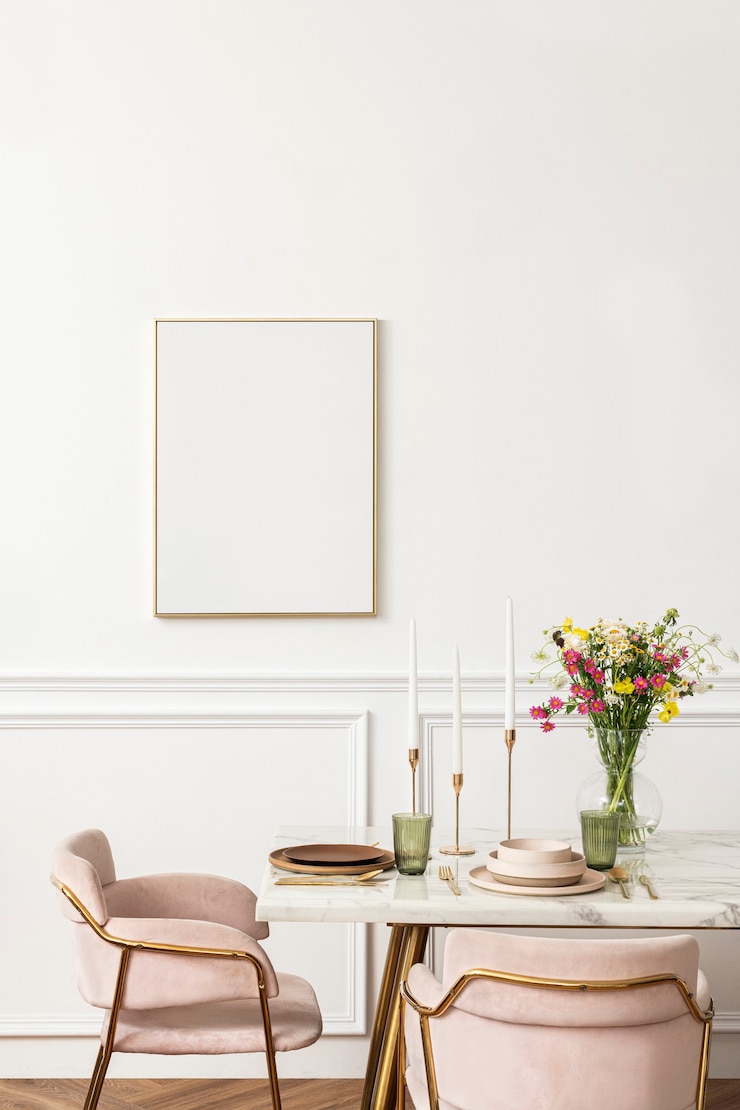 Kostenlose Foto leere leinwand neben einem esstisch in einem modernen esszimmer im boho-chic-stil