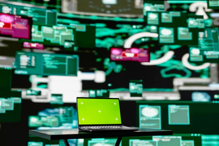 Kostenlose Foto leere szene mit grünem bildschirm auf laptop zeigt quantenbedrohung