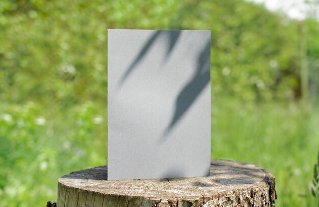 Leere zweifache weiße Karte, die auf Holzschreibtisch im Freien mit Blumenschatten und unscharfem Naturhintergrund steht