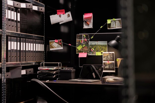 Leerer Arbeitsplatz des Privatdetektivs mit Beweistafel für Kriminalfälle, die über dem Schreibtisch hängt. Das Ermittlungsbüro der Polizei ist nachts mit Fotos vom Tatort und Hinweisen umgeben