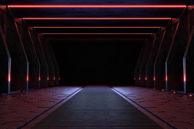 Leerer dunkler Raum, moderner futuristischer Science-Fiction-Hintergrund. 3D-Darstellung