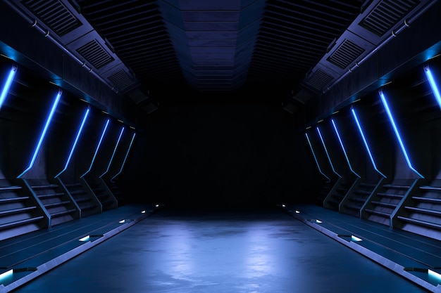 Leerer dunkler Raum, moderner futuristischer Science-Fiction-Hintergrund. 3D-Darstellung