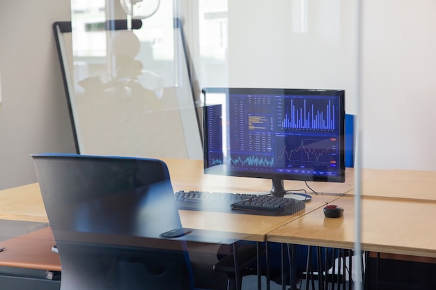 Leerer Händlerarbeitsplatz hinter Glaswand. Büroraum mit Flipchart, Schreibtisch mit Stuhl und Computer. Handelscharts auf dem Monitor. Börsenkonzept