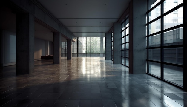 Leerer Korridor mit moderner Architektur, Fluchtpunkt und helle Reflexion, erzeugt durch künstliche Intelligenz