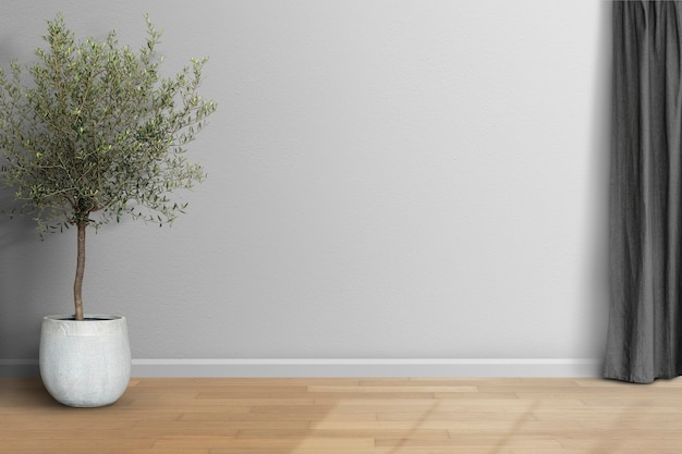 Leerer minimaler Raum mit grauer Wand und Vorhang