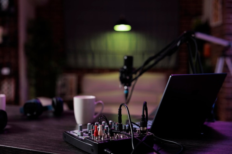 Kostenlose Foto leerer schreibtisch mit podcast-ausrüstung zum aufnehmen von live-talking-shows zu hause. keine personen im wohnzimmer, die für online-vlogging und übertragung von gesprächen mit mikrofon und tonproduktion verwendet werden.