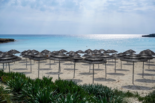 Leerer Strand mit Sonnenschirmen am Morgen