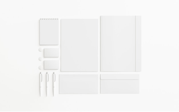 Leeres Briefpapier-Set isoliert auf weißem, 3d rendern.