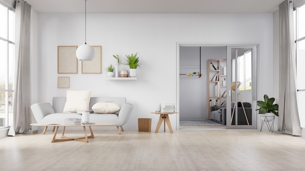 Leeres fotorahmeninnenwohnzimmer mit weißem sofa. 3d-rendering. Premium Fotos