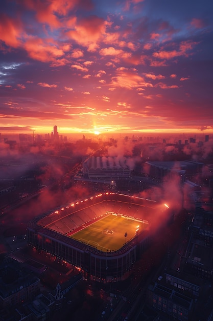 Leeres Fußballstadion mit traumhafter Aussicht auf den Himmel