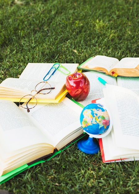 Kostenloses Foto lehrbücher mit dem studienmaterial, das im chaos auf grünem gras liegt