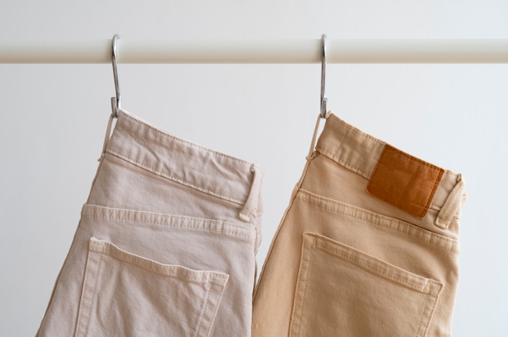 Kostenlose Foto leichtbraune beige hose im innenraum stillleben
